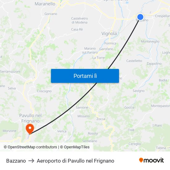 Bazzano to Aeroporto di Pavullo nel Frignano map