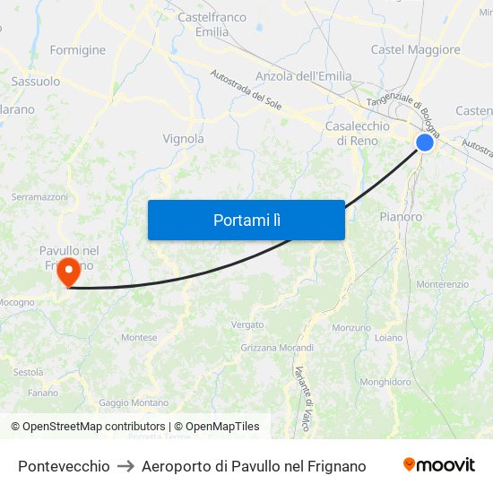 Pontevecchio to Aeroporto di Pavullo nel Frignano map