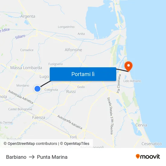 Barbiano to Punta Marina map