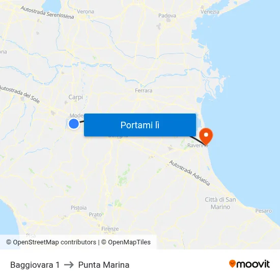 Baggiovara 1 to Punta Marina map