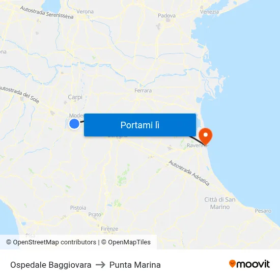 Ospedale Baggiovara to Punta Marina map