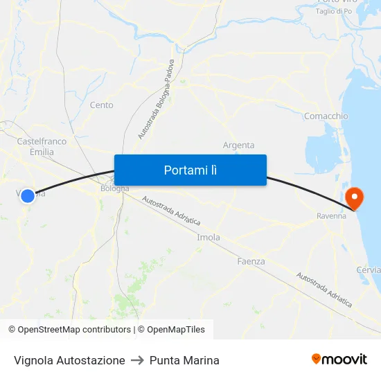 Vignola Autostazione to Punta Marina map