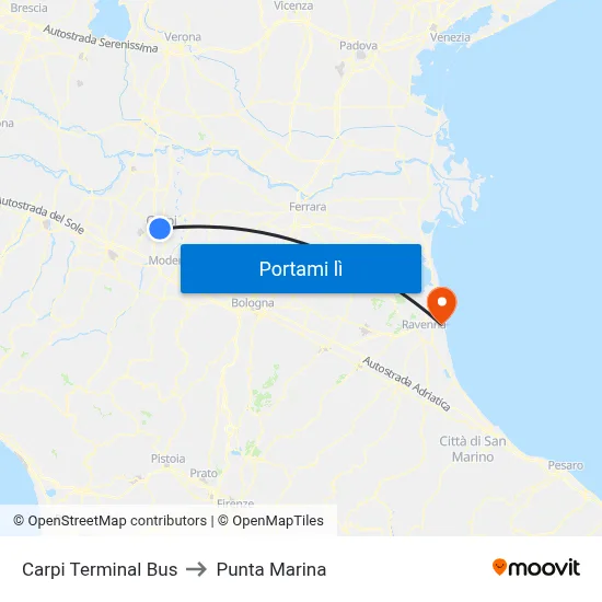 Carpi Terminal Bus to Punta Marina map
