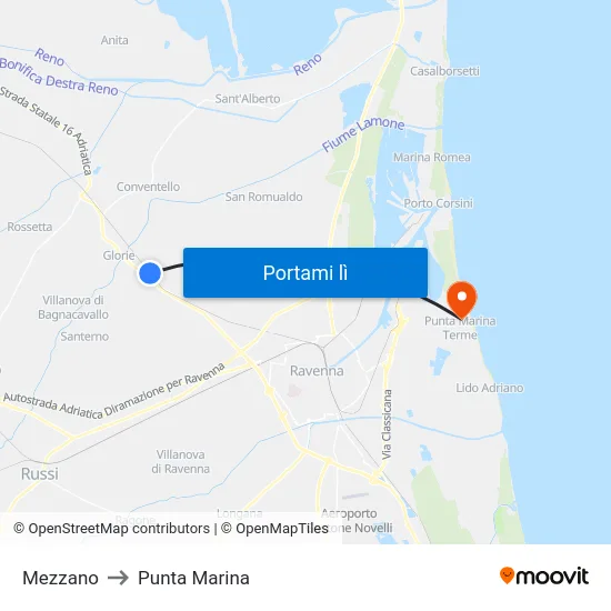 Mezzano to Punta Marina map