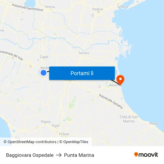 Baggiovara Ospedale to Punta Marina map