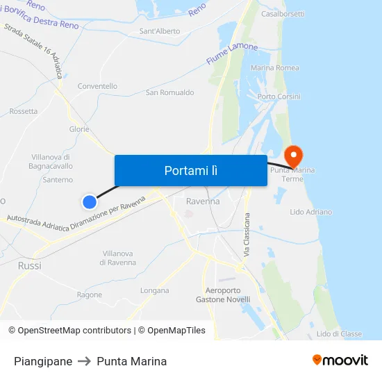 Piangipane to Punta Marina map