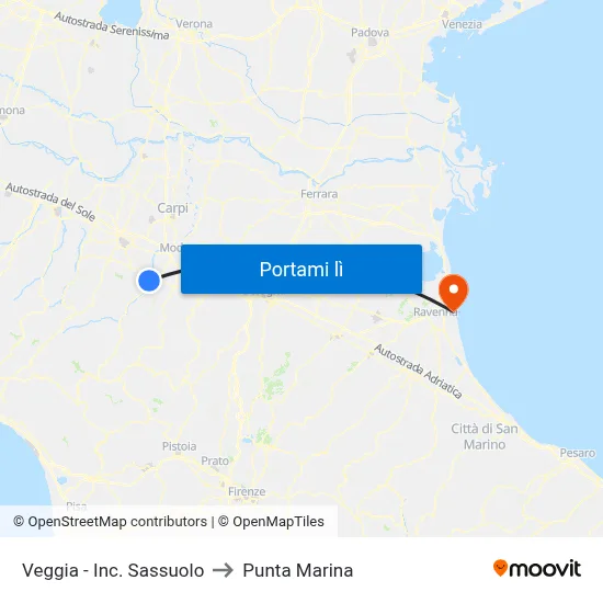 Veggia - Inc. Sassuolo to Punta Marina map