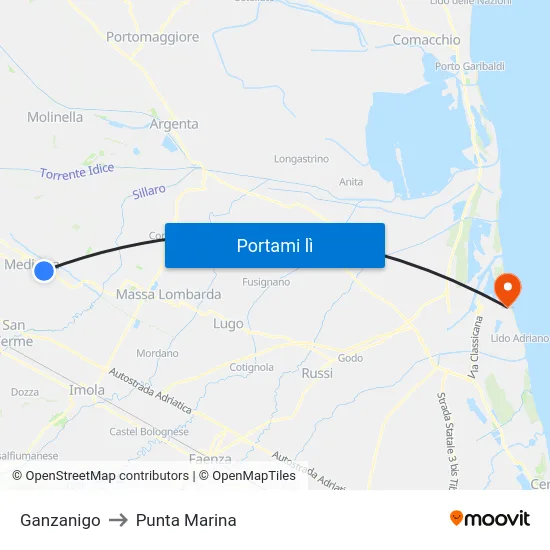 Ganzanigo to Punta Marina map