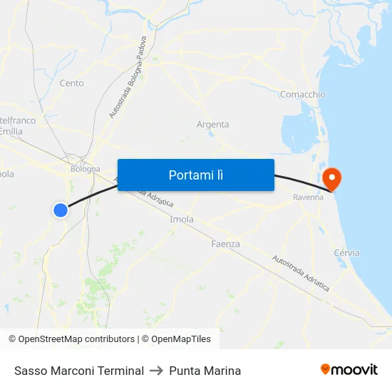 Sasso Marconi Terminal to Punta Marina map