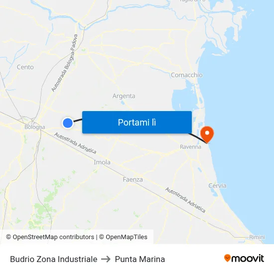 Budrio Zona Industriale to Punta Marina map