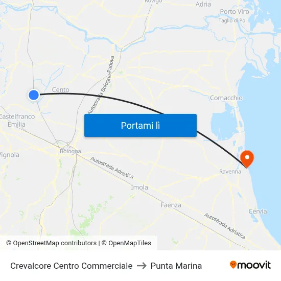 Crevalcore Centro Commerciale to Punta Marina map
