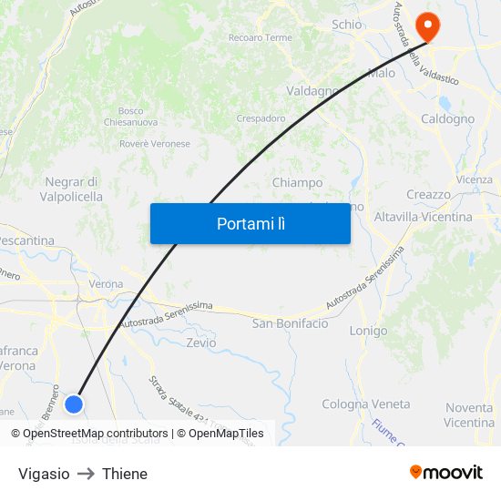 Vigasio to Thiene map