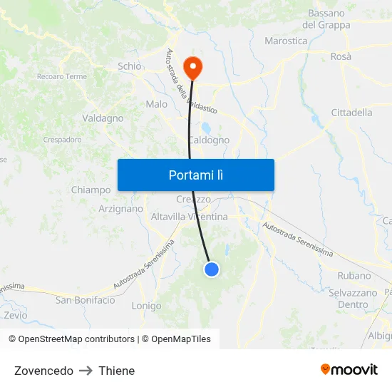 Zovencedo to Thiene map