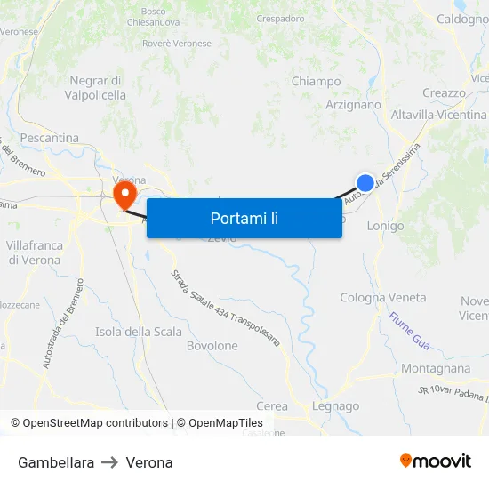 Gambellara to Verona map