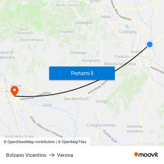 Bolzano Vicentino to Verona map