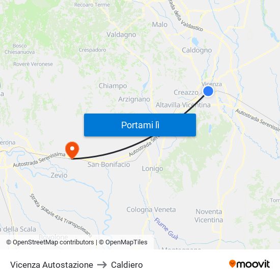 Vicenza Autostazione to Caldiero map