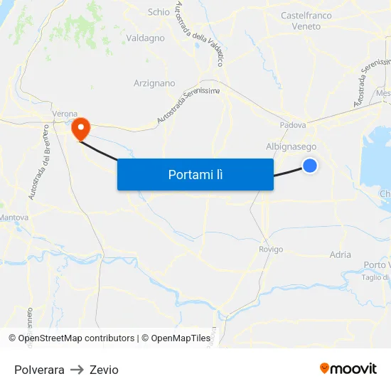 Polverara to Zevio map
