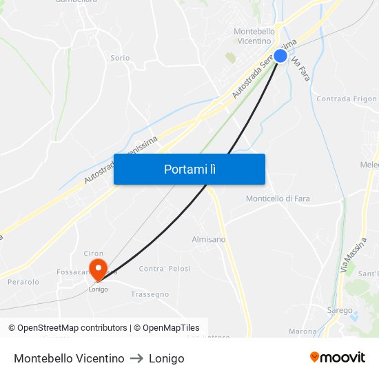 Montebello Vicentino to Lonigo map