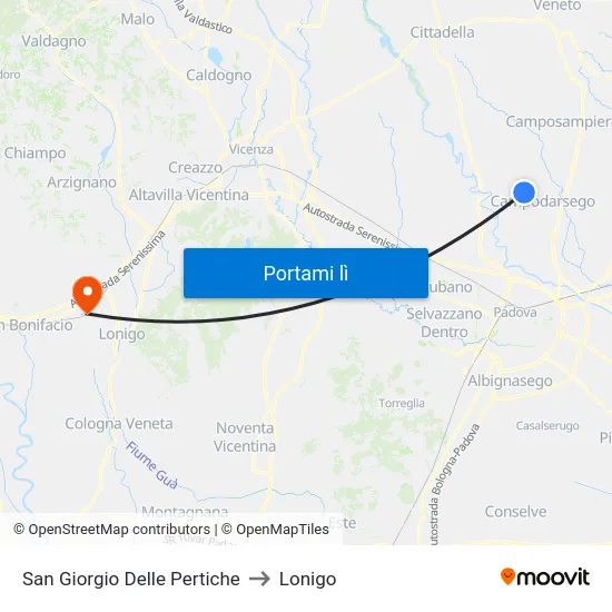 San Giorgio Delle Pertiche to Lonigo map