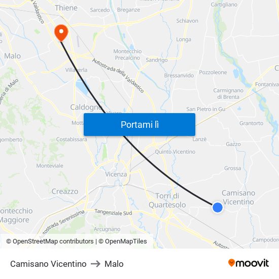 Camisano Vicentino to Malo map