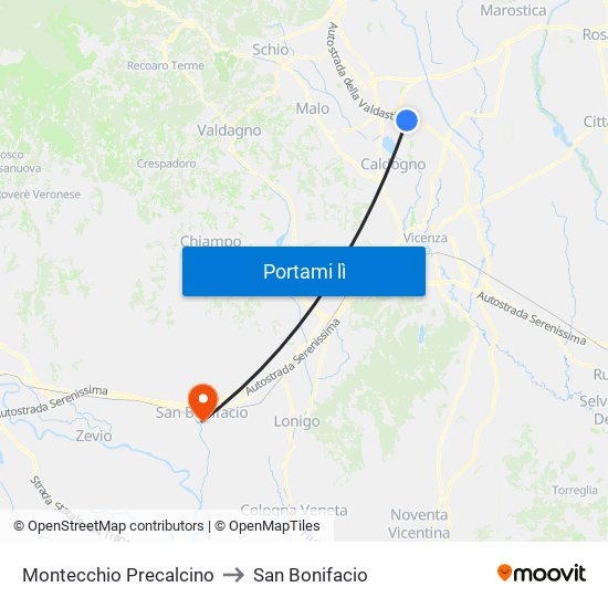 Montecchio Precalcino to San Bonifacio map