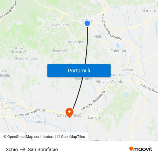 Schio to San Bonifacio map