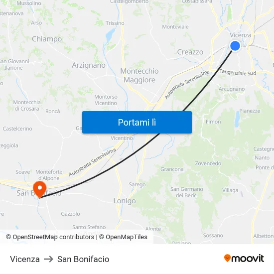 Vicenza to San Bonifacio map