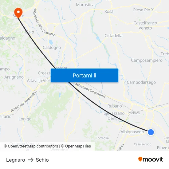 Legnaro to Schio map