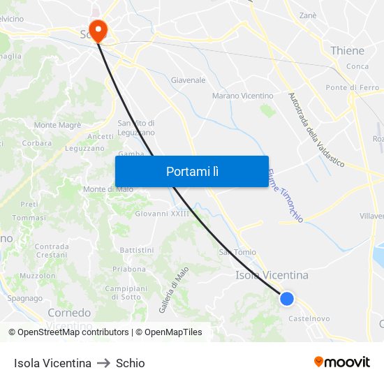 Isola Vicentina to Schio map