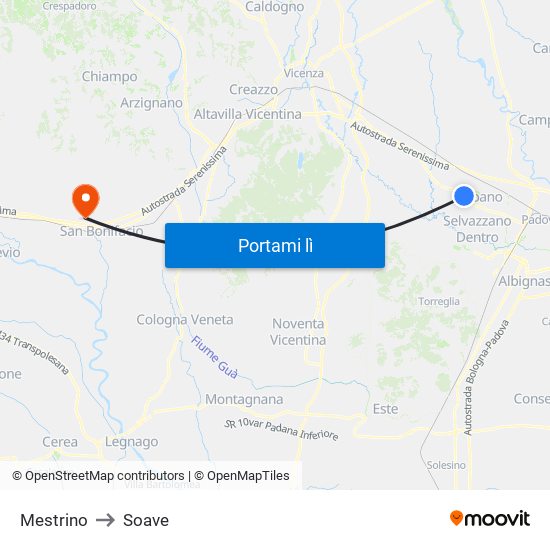 Mestrino to Soave map
