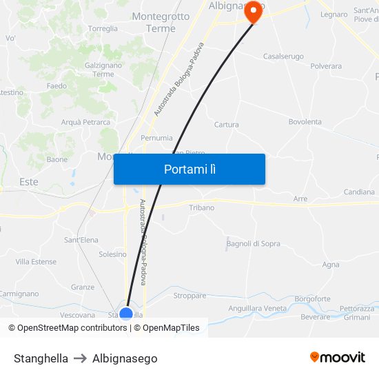 Stanghella to Albignasego map