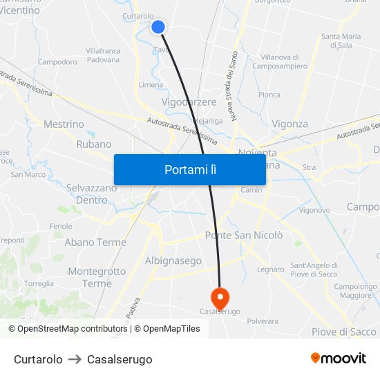 Curtarolo to Casalserugo map