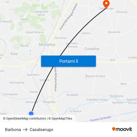 Barbona to Casalserugo map