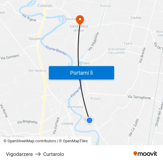 Vigodarzere to Curtarolo map