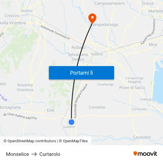 Monselice to Curtarolo map