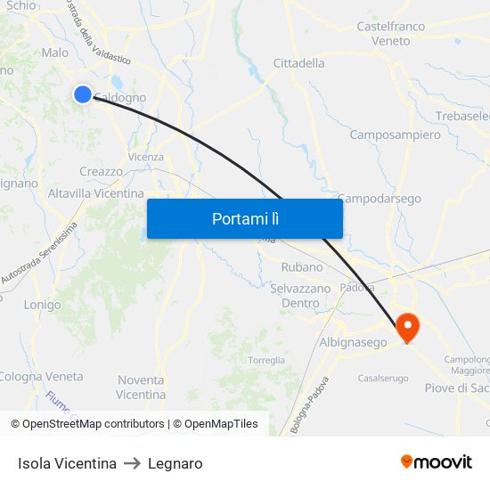 Isola Vicentina to Legnaro map