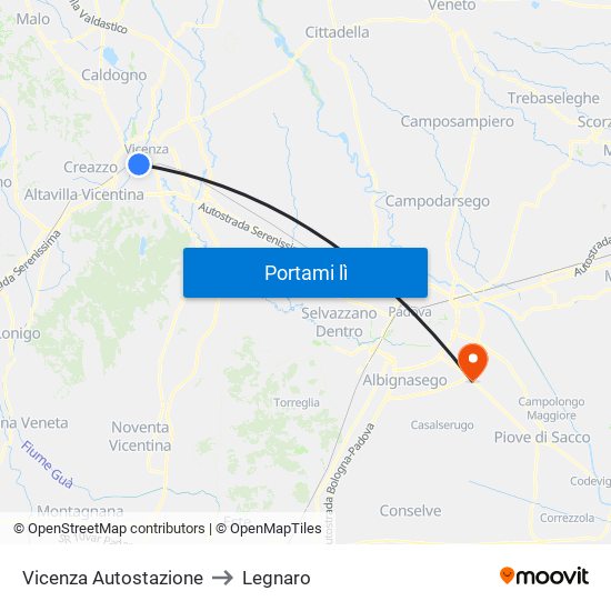 Vicenza Autostazione to Legnaro map