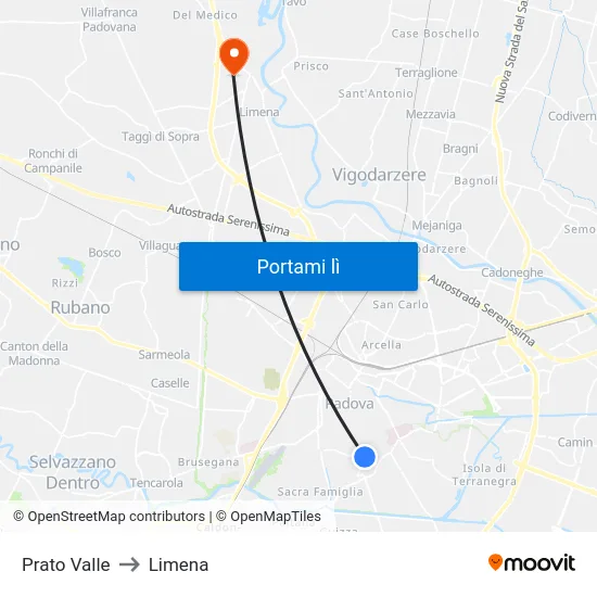 Prato Valle to Limena map