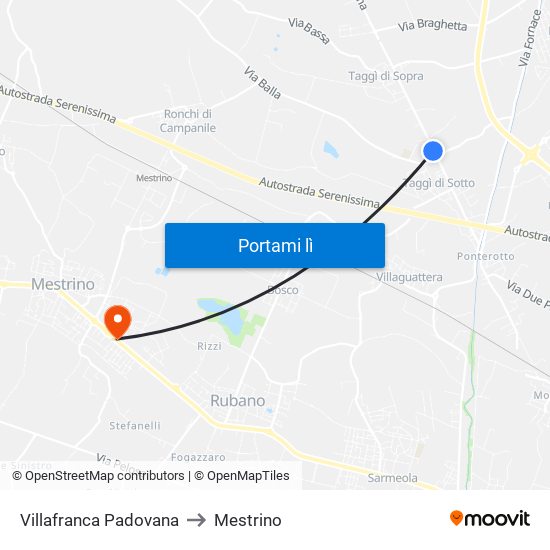 Villafranca Padovana to Mestrino map