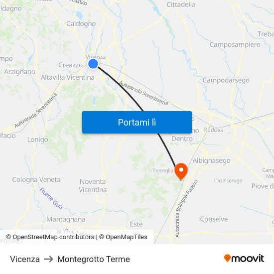 Vicenza to Montegrotto Terme map