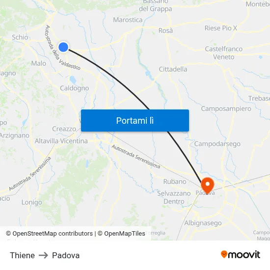 Thiene to Padova map
