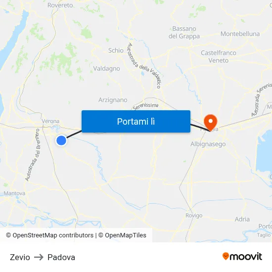 Zevio to Padova map