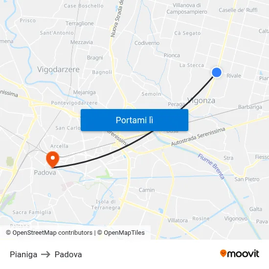 Pianiga to Padova map