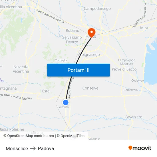 Monselice to Padova map