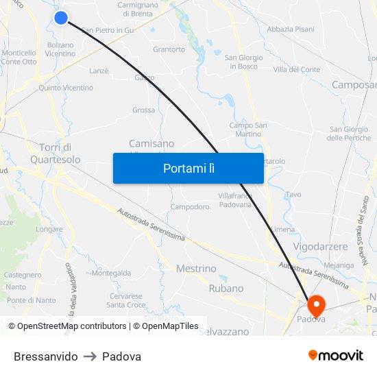 Bressanvido to Padova map