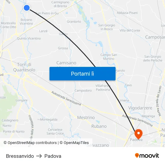 Bressanvido to Padova map