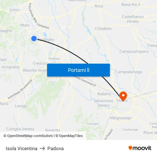 Isola Vicentina to Padova map