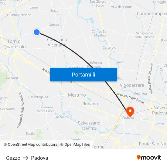 Gazzo to Padova map