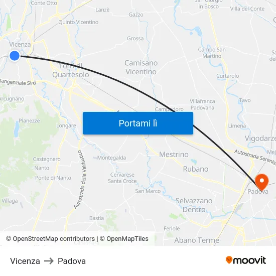 Vicenza to Padova map