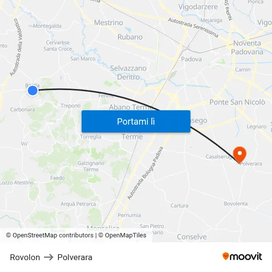 Rovolon to Polverara map